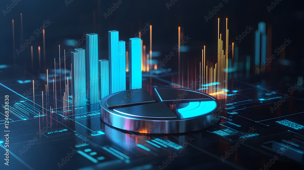 Poster cute isometric 3d image of 3d pie chart and bar chart in realistic metallic silver illuminated by ne