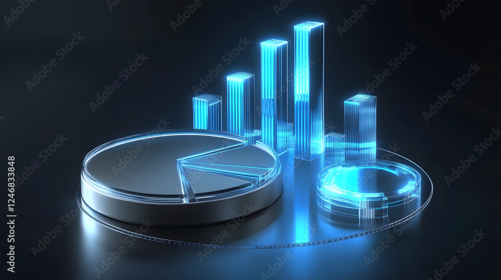 Poster cute isometric 3d image of 3d pie chart and bar chart in realistic metallic silver illuminated by ne