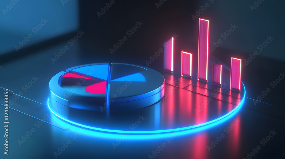 Poster Cute isometric 3D image of 3D pie chart and bar chart in realistic metallic silver illuminated by neon blue. add floating, transparent charts and circular measurement tools. ensure perfect shapes an