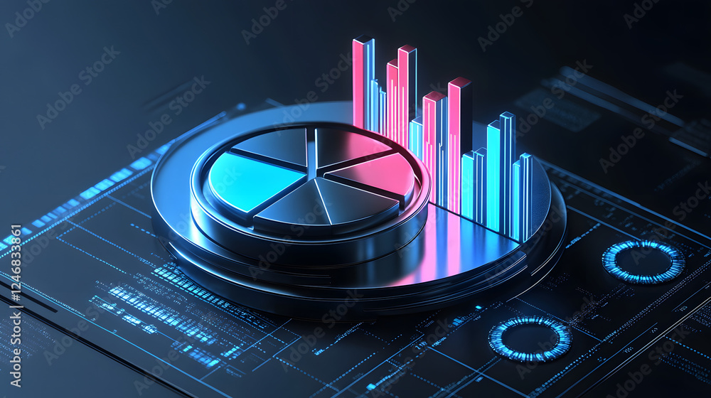 Poster cute isometric 3d image of 3d pie chart and bar chart in realistic metallic silver illuminated by ne