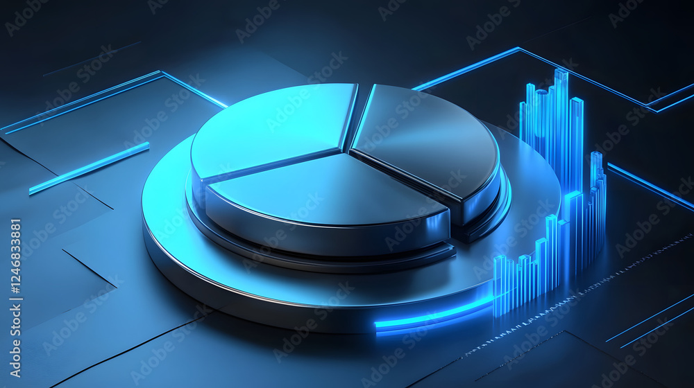 Poster cute isometric 3d image of 3d pie chart and bar chart in realistic metallic silver illuminated by ne
