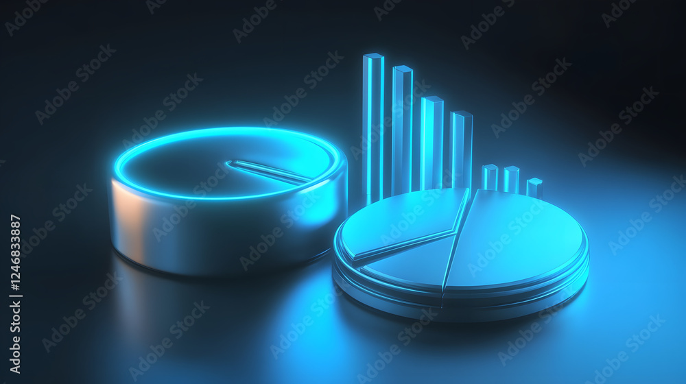 Poster cute isometric 3d image of 3d pie chart and bar chart in realistic metallic silver illuminated by ne