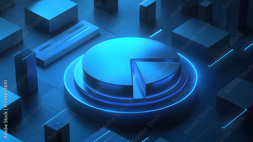 Poster cute isometric 3d image of 3d pie chart and bar chart in realistic metallic silver illuminated by ne