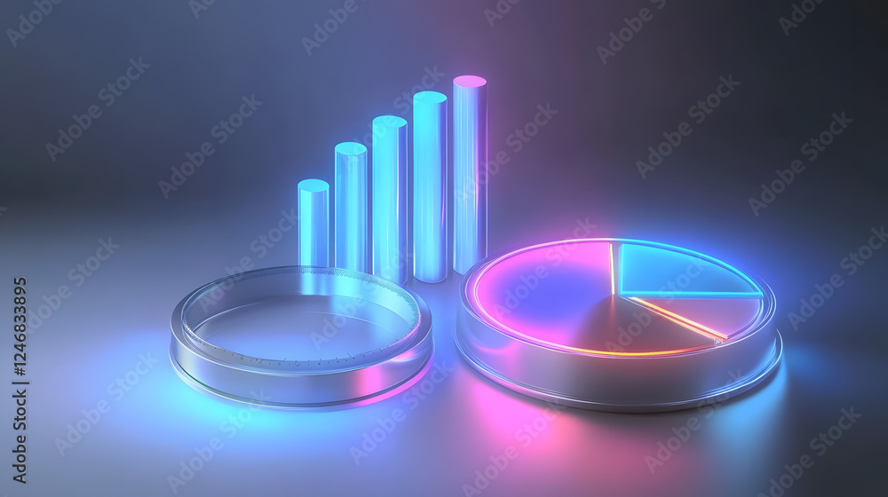 Poster cute isometric 3d image of 3d pie chart and bar chart in realistic metallic silver illuminated by ne