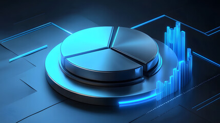 Cute isometric 3D image of 3D pie chart and bar chart in realistic metallic silver illuminated by neon blue. add floating, transparent charts and circular measurement tools. ensure perfect shapes an