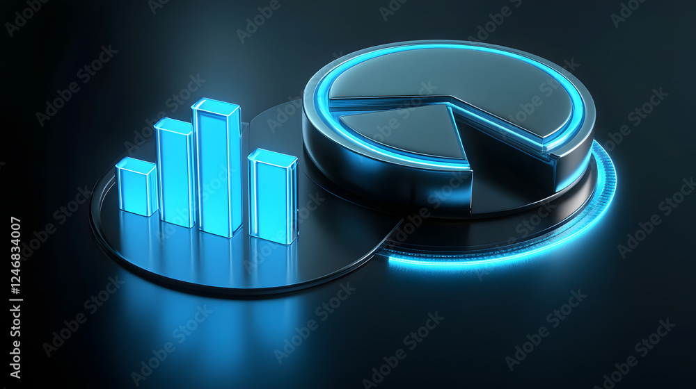 Poster cute isometric 3d image of 3d pie chart and bar chart in realistic metallic silver illuminated by ne