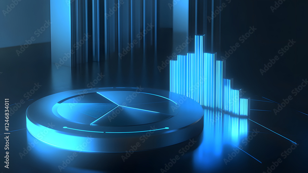 Poster cute isometric 3d image of 3d pie chart and bar chart in realistic metallic silver illuminated by ne