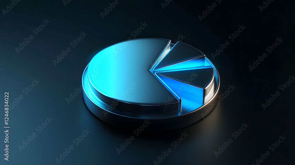 Poster cute isometric 3d image of 3d pie chart and bar chart in realistic metallic silver illuminated by ne