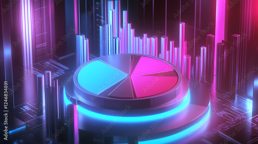 Poster cute isometric 3d image of 3d pie chart and bar chart in realistic metallic silver illuminated by ne