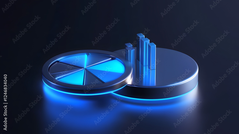 Poster cute isometric 3d image of 3d pie chart and bar chart in realistic metallic silver illuminated by ne