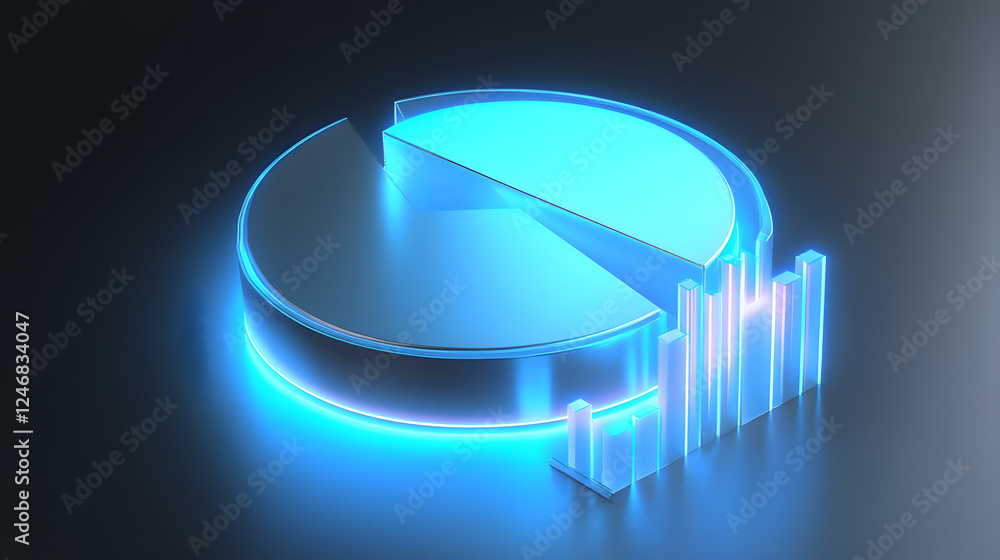 Poster cute isometric 3d image of 3d pie chart and bar chart in realistic metallic silver illuminated by ne