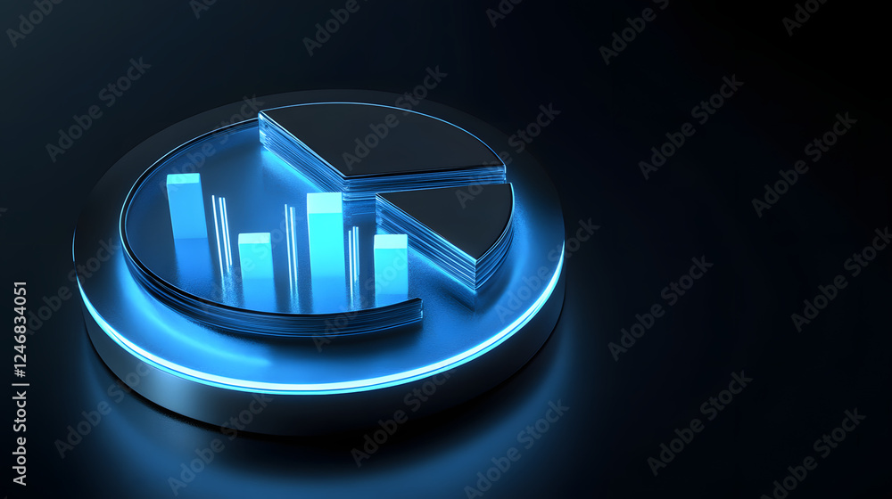 Poster cute isometric 3d image of 3d pie chart and bar chart in realistic metallic silver illuminated by ne