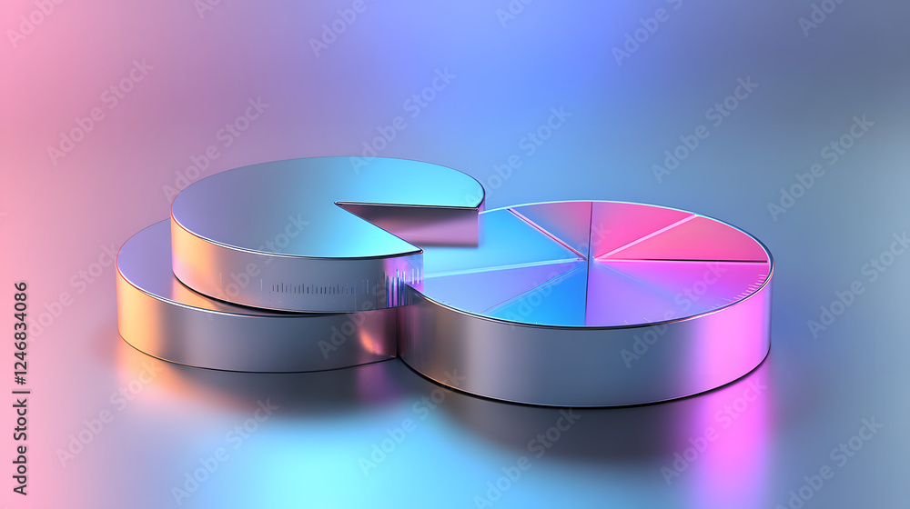 Poster cute isometric 3d image of 3d pie chart and bar chart in realistic metallic silver illuminated by ne