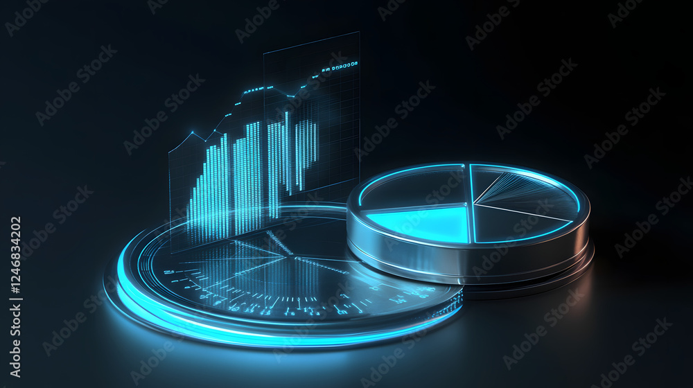 Poster cute isometric 3d image of 3d pie chart and bar chart in realistic metallic silver illuminated by ne