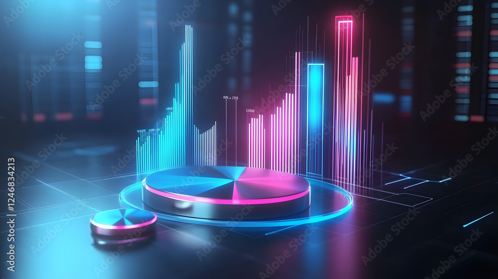 Poster cute isometric 3d image of 3d pie chart and bar chart in realistic metallic silver illuminated by ne