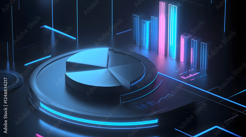 Poster cute isometric 3d image of 3d pie chart and bar chart in realistic metallic silver illuminated by ne