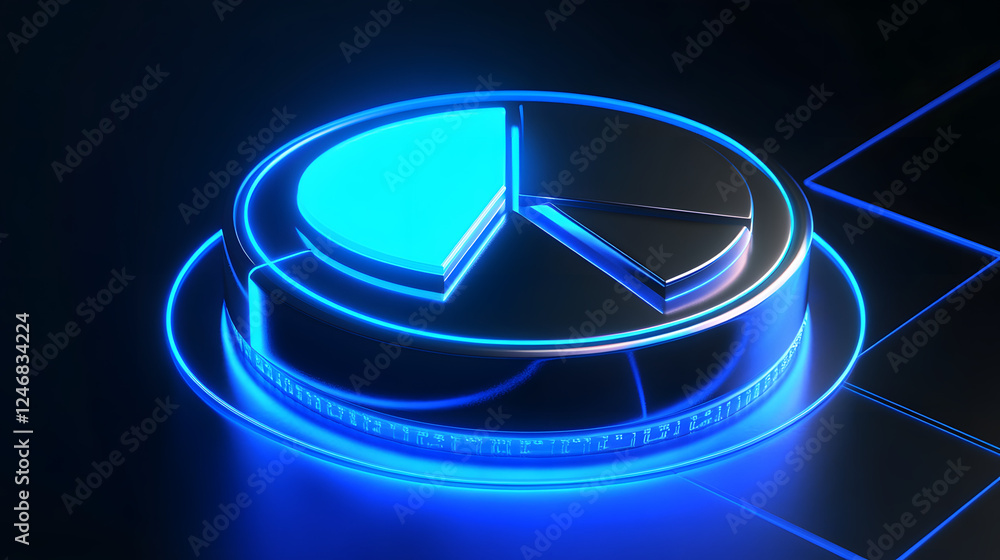 Poster cute isometric 3d image of 3d pie chart and bar chart in realistic metallic silver illuminated by ne