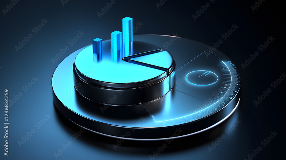 Poster cute isometric 3d image of 3d pie chart and bar chart in realistic metallic silver illuminated by ne