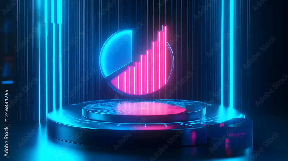 Poster cute isometric 3d image of 3d pie chart and bar chart in realistic metallic silver illuminated by ne