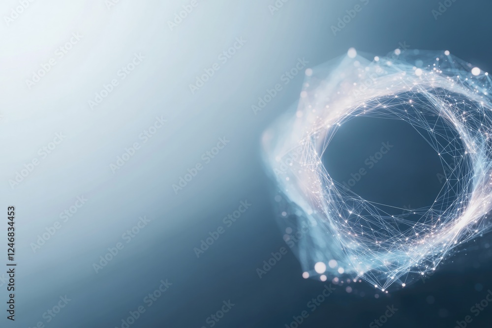 Poster dynamic representation of glowing triangles and curves converging into abstract spiral of balance an