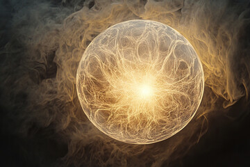 Planet composed of pure light radiates energy in a detailed cosmic landscape at night