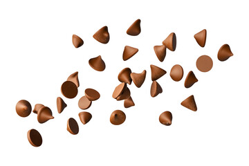 Flying falling chocolate chips isolated on transparent or white background, png