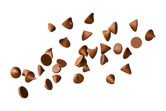Flying falling chocolate chips isolated on transparent or white background, png