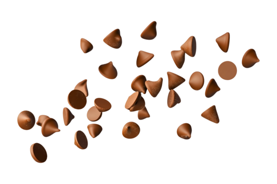 Flying falling chocolate chips isolated on transparent or white background, png