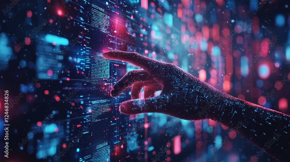 Poster hand interacting with futuristic digital interface display