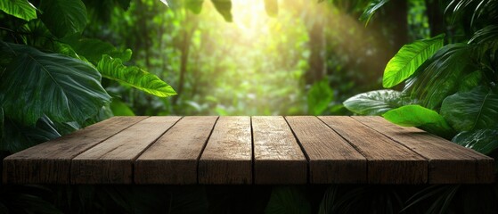 Wooden table set against lush green jungle background in natural outdoor environment