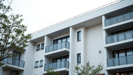 Modern Apartment Building Exterior with Balconies and Greenery