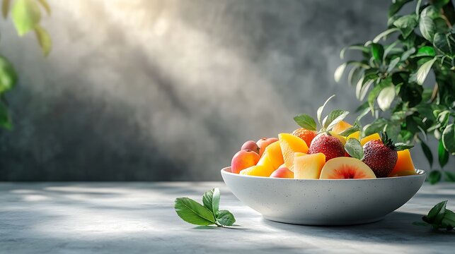 A bowl of fresh fruit on the table with gray wall background