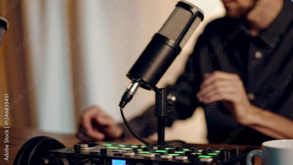 Aufkleber professional podcast host gesturing animatedly while speaking into microphone during recording sessi
