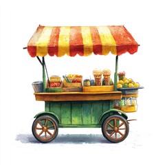 Watercolor food cart selling colorful fruits and desserts outdoors for event needs