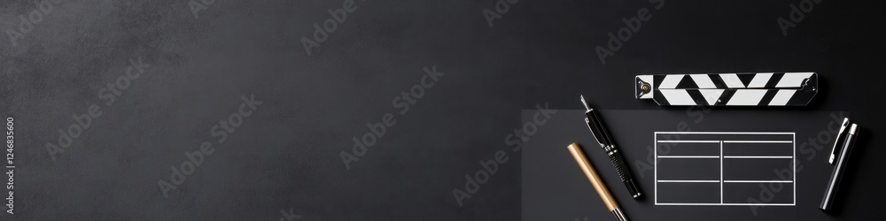 Aufkleber flat lay of actor tools including script pen and director clapperboard arranged on smooth black surf