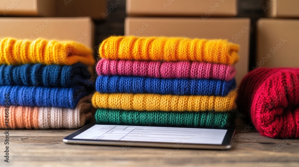 Poster a pile of colorful knitted fabrics in various textures and patterns arranged on a wooden surface