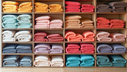 Colorful linen is stacked on shelves in the closet