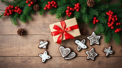 A Festive Holiday Scene with Wrapped Gift and Decorated Cookies on Wooden Surface
