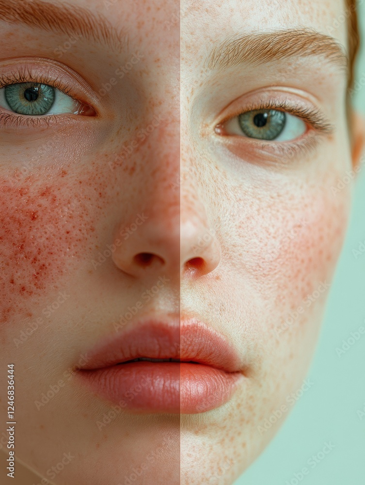 Poster comparison of skin texture showing acne and redness on one side and smooth glowing skin on the other