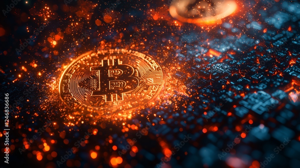 Poster glowing bitcoin coin on digital circuit background