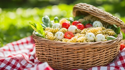 Fusilli Pasta Salad with Mozzarella and Tomatoes in Picnic Basket