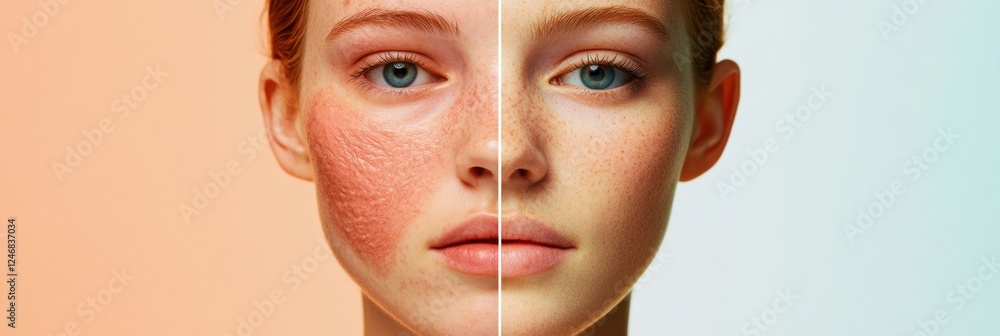 Fototapete comparison showing acne and redness on one side contrasted with smooth glowing skin on the other sid