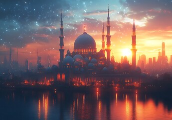Fototapeta premium Silhouetted Mosque at Sunset, with Towering Minarets and a Vibrant Sky Filled with Stars and Hues of Orange and Blue Reflected in Water