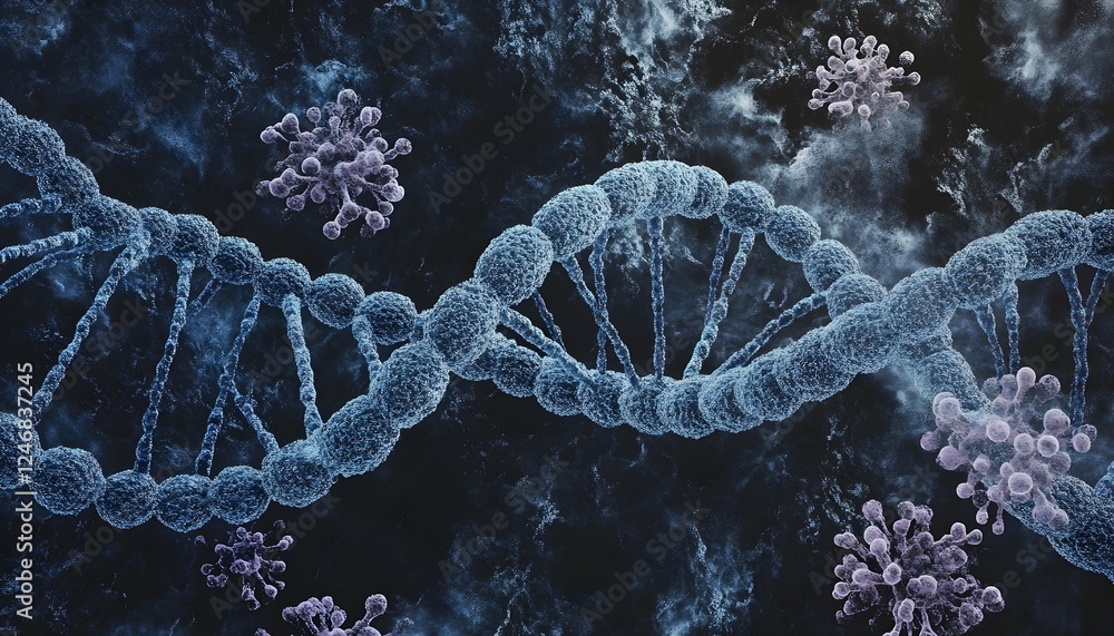Poster microscopic view of dna and viruses: a 3d rendering of genetic material and pathogens
