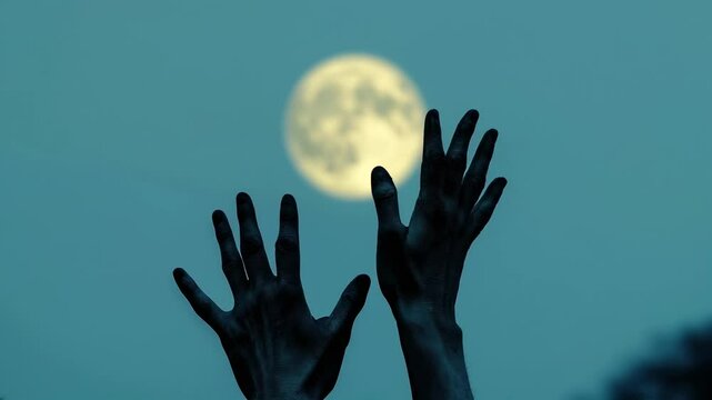 Creepy zombie hands grasping for the moon in a spooky cemetery a halloween inspired scene