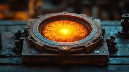 Glowing compass, vintage panel, workshop, navigation