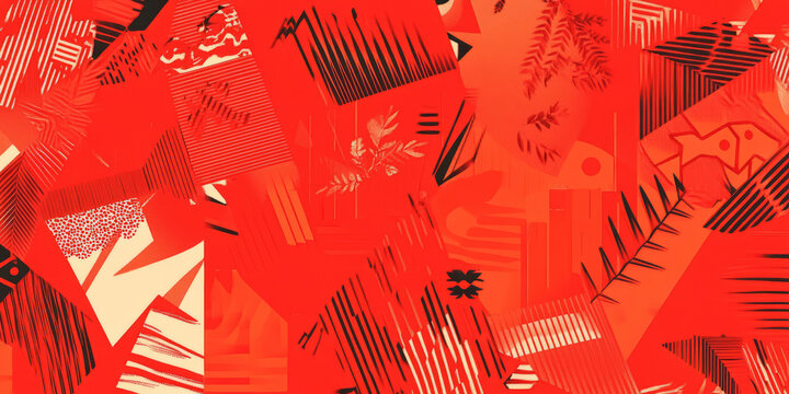 A bright, fiery red background with bold, sharp-edged geometric shapes and intricate patterns in lighter hues. The stark contrast adds intensity, perfect for energetic branding or high-impact art