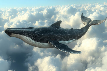Majestic flying whale glides effortlessly among fluffy white clouds in a breathtaking sky