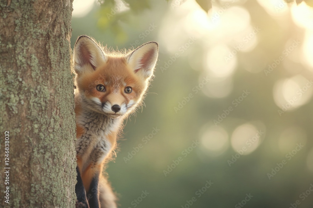 Poster cub peeking out from behind tree trunk in dense forest with dappled sunlight filtering through