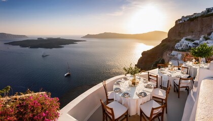 Stunning sunset dining experience overlooking the serene waters of Santorini